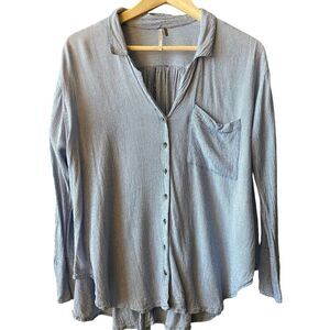 Free People Blue Pin Stripe Oversized Smocked Button Up Lagenlook Shirt Size XS